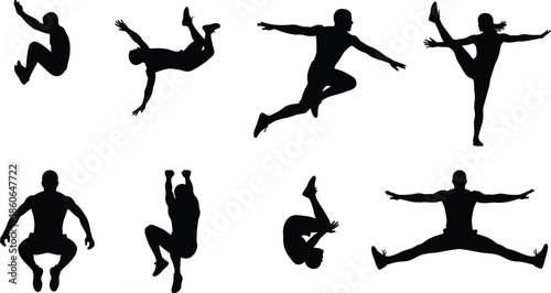 Parkour athlete silhouettes performing jumps and flips, acrobatic male figures in dynamic freestyle movement, extreme sports illustration set isolated on white background