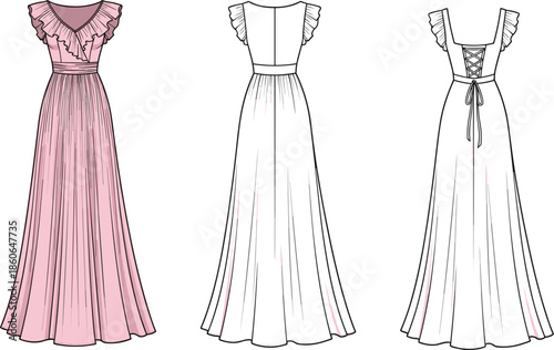 Women ruffle neckline maxi dress technical fashion illustration with front back and lace up views, pleated skirt, romantic evening apparel sketch