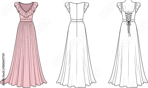 Women ruffle sleeve maxi dress technical fashion illustration with front back and lace up views, flowing skirt, elegant evening apparel sketch