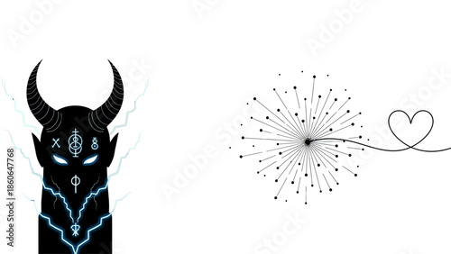 Stunning devil head with glowing blue eyes and heart explosion