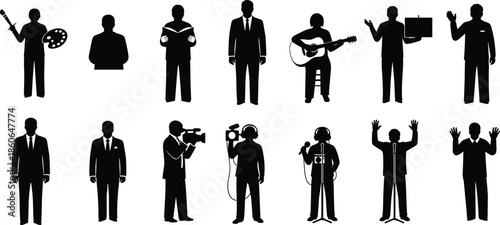 People profession silhouettes collection, artists musicians businessmen presenters journalists speakers, creative careers, media jobs, professional lifestyle, black vector set