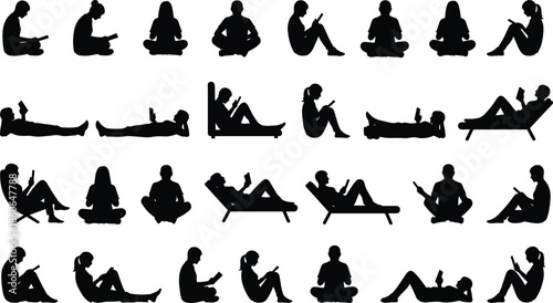 People reading book silhouettes collection showing men and women relaxing, studying, using tablet, sitting and lying poses isolated white background