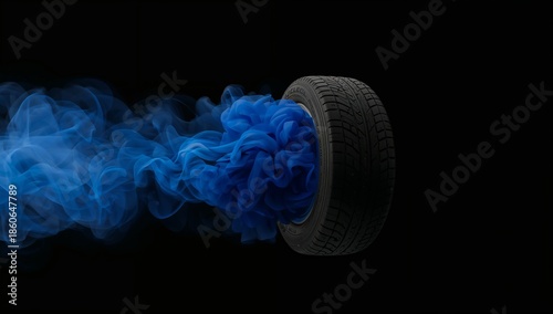 Tire Releasing Blue Smoke in Dark Space During a Display or Performance