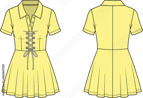 Women short sleeve collared dress technical fashion illustration with front and back views, lace up waist detail, flared skirt, modern apparel sketch