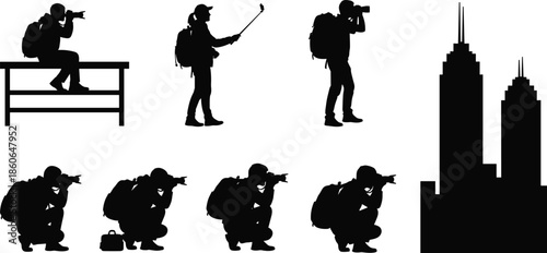 Photographer silhouette, urban cityscape, crouching photo pose, tourist with camera, skyscraper background, black vector art, travel photography concept