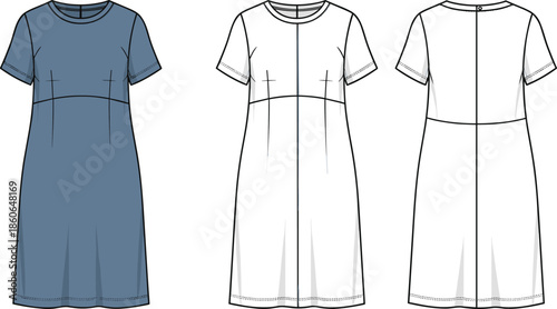 Women short sleeve dress technical fashion illustration showing front and back views, seam details, modern casual apparel flat sketch