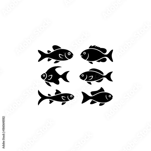 6 fish silhouettes in swimming poses, solid black fill 