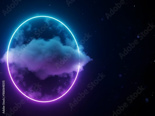 Futuristic Neon Circle Frame with Cloud in Dark Starry Night Sky Abstract Background