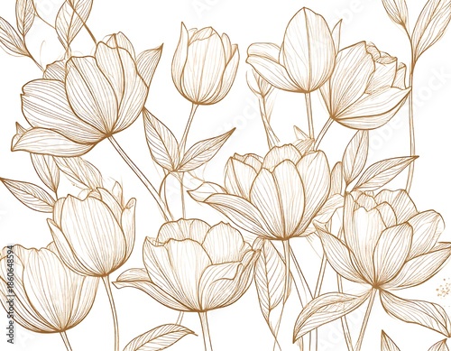 Delicate botanical illustration featuring line art of blooming flowers and foliage with intricate details