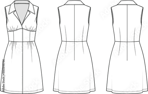 Women sleeveless collared dress technical fashion illustration with front back views, fitted waist, modern minimalist apparel flat sketch