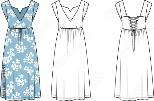 Women sleeveless floral maxi dress vector illustration set with V-neck bodice and lace-up back fashion design