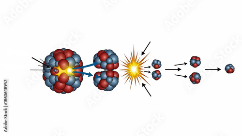 Diagram illustrating the nuclear fission process where a large unstable atom splits into smaller nuclei releasing energy and new neutrons for a chain reaction