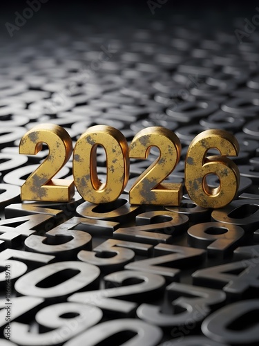 Luxury 3D Gold 2026 New Year Sign on Black Number Background, Business Concept and Future Vision