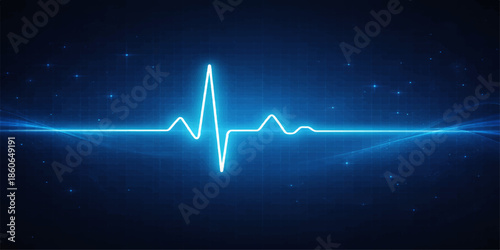 An abstract medical illustration of a blue heart beat cardiogram on a digital monitor showing a healthcare EKG pulse wave forming a graphic heart shape through a technological electrocardiogram line
