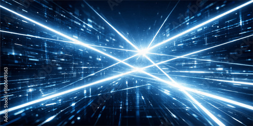 A futuristic digital wallpaper featuring a bright blue pattern of glowing stars and magic light flowing through abstract virtual fractal realms in dark space