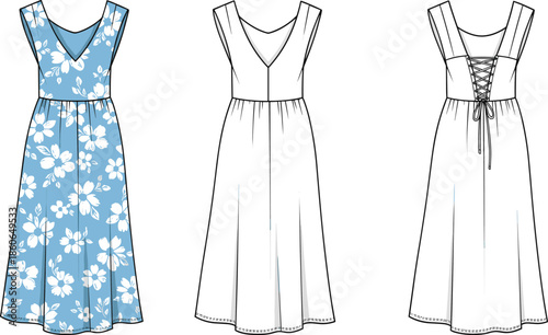 Women sleeveless floral maxi dress vector illustration set with V-neck bodice, fitted waist and lace-up back