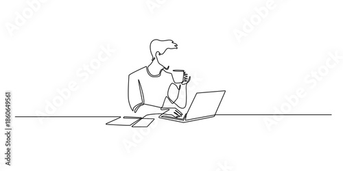 Hand drawn line illustration of a man drinking coffee while using a laptop at home, drawn in a continuous single line style for remote work and lifestyle concepts.