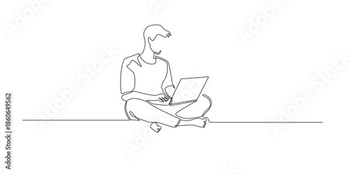 Hand drawn line illustration of a man sitting on the floor working on a laptop, drawn in a continuous single line style for remote work, freelance, and modern lifestyle concepts.