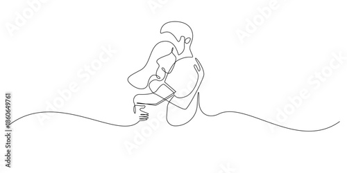 Hand drawn line illustration of a man and woman embracing affectionately, drawn in a continuous single line style for love, relationship, and intimacy concepts.