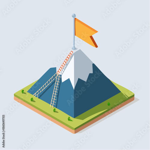 Isometric Mountain with Flag and Ladder Representing Goal Achievement and Success.