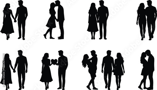 Romantic couple silhouettes loving men and women holding hands kissing walking together isolated black white illustration relationship concept