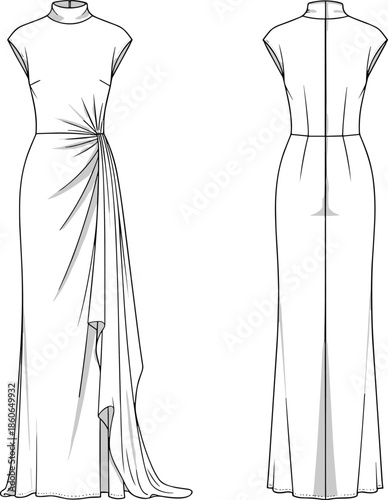 Women sleeveless maxi dress technical fashion illustration showing front and back views with high neckline, draped waist detail, elegant long silhouette