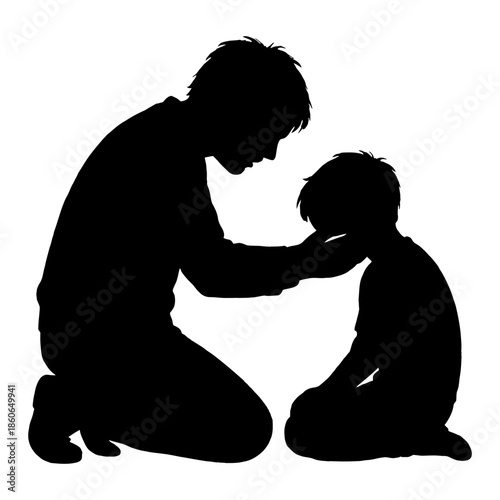 Silhouette of a father comforting his sad son on a white background.