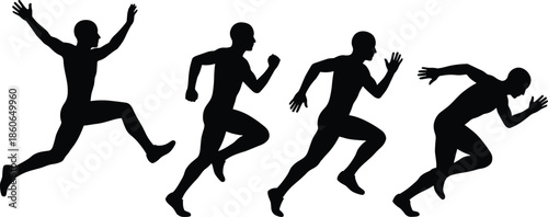 Running silhouette sequence, athletic motion, sprint poses, dynamic movement, black artwork, white background, sports training, action study, energy, biomechanics