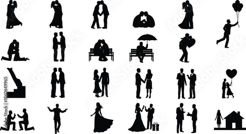 Romantic couple silhouettes collection showing love moments, marriage proposal, dating scenes, relationships, wedding romance icons isolated on white background