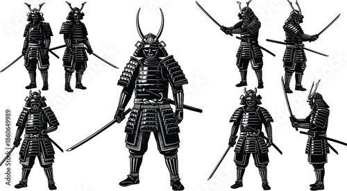 Samurai warrior illustration, traditional Japanese armor, katana sword pose, kabuto helmet, historical warrior stance, black and white drawing, martial art concept