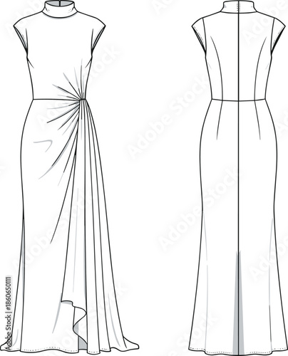 Women sleeveless maxi dress technical fashion illustration with front and back views, high neck collar, asymmetric draped waist, elegant long gown silhouette