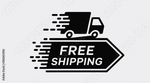 A black and white graphic illustrating a fast delivery truck with "FREE SHIPPING" text on an arrow.