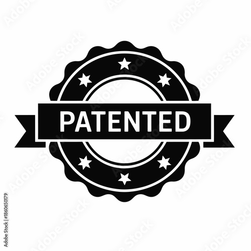 A black and white vector icon of a patented badge or seal with stars and a banner.