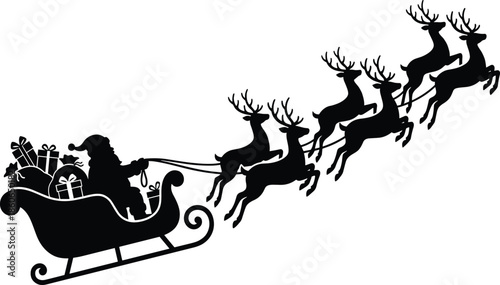 Santa Claus silhouette, flying sleigh, eight reindeer, Christmas presents, festive motion, holiday tradition, winter night, gift delivery, black artwork, white background