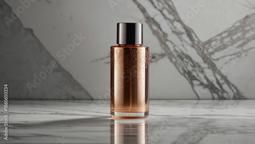 Luxury Copper Metallic Perfume Bottle with Black Cap on Marble, Sophisticated Fragrance Product Design