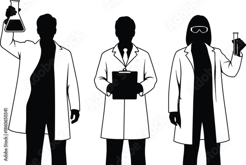 Scientists laboratory silhouettes collection, chemistry research experiment analysis clipboard test tubes, medical science professionals, black figures isolated on white