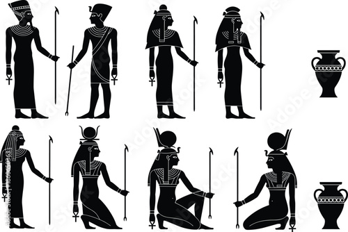 Set of ancient Egyptian god and pharaoh silhouettes with symbols, mythology figures standing and kneeling poses, isolated black icons on white background