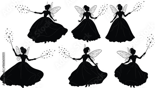 Set of magical fairy silhouettes with wings and wands, elegant fantasy princess poses spreading sparkles, isolated black figures on white background