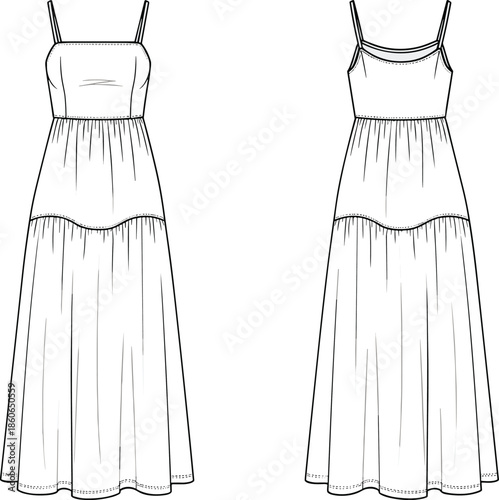 Women spaghetti strap maxi dress technical fashion illustration showing front and back views, layered skirt detail, modern summer apparel flat sketch