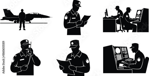 Set of military control and operations silhouettes with pilots and officers, air force command activities, isolated black figures on white background