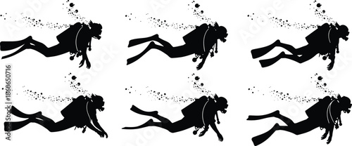 Set of scuba diver silhouettes swimming underwater with bubbles, diving equipment and fin movements, isolated black figures on white background