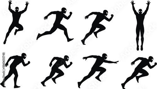 Set of superhero running and jumping silhouettes, dynamic action poses of masked hero figures, isolated black characters on white background