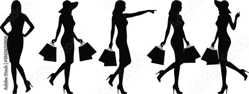 Shopping woman silhouettes collection with bags in stylish poses, fashion consumer lifestyle concept, retail activity black vector illustration isolated
