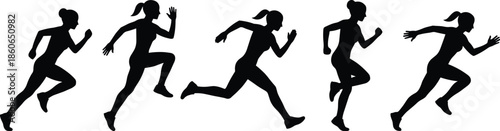 Silhouette of female runner in motion, ponytail athlete, black white illustration, sprint sequence, fitness movement, dynamic running posture