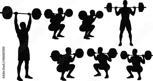 Silhouette weightlifting exercises, barbell squat clean jerk positions, strength training routine, fitness workout illustration, gym athlete motion sequence