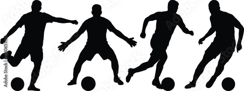 Soccer player silhouettes dribbling and kicking ball, football athletes in action poses, dynamic sports illustration set isolated on white background