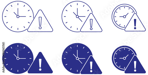 Collection of minimalist vector icons depicting various clock and warning sign combinations representing time alerts deadlines or schedule urgency in outlined and solid blue styles
