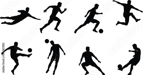 Soccer player silhouettes dynamic action poses football athletes kicking running jumping isolated black white illustration sport motion concept