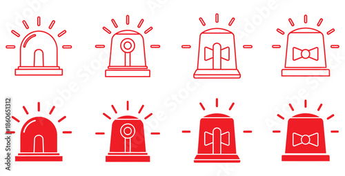 Collection of various red line icon designs representing flashing emergency warning lights and alarm beacons shown in both outline and filled styles