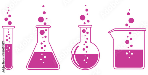 Collection of vibrant pink stylized laboratory glassware featuring test tubes flasks and beakers containing bubbling liquid for science education and chemistry graphics